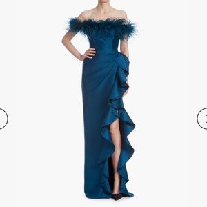 Badgley Mischka
Off-The-Shoulder Feather Trimmed Asymmetrical Ruffle Gown